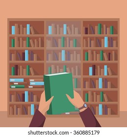 library book shelf background, row of books in bookstore, hands with book vector