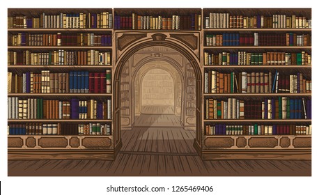 Library book shelf interior graphic sketch colorfull illustration vector illustration
