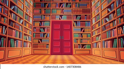 Library book shelves cartoon vector illustration.