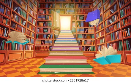 Repisas de libros de biblioteca ilustraciones vectoriales de dibujos animados. Escaleras hechas de libros con puerta abierta en forma de libro. Gran pila de libros.