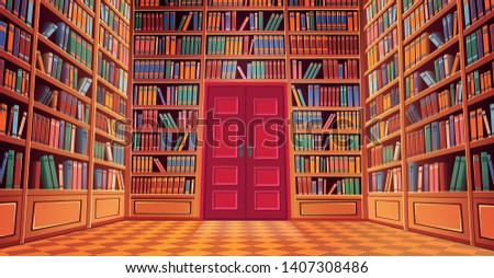 Library book shelves cartoon vector illustration.