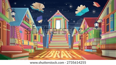 Library book shelves cartoon vector illustration.Library. City of books. Many books are collected and stacked in the shape of houses. Street of books. A house made of books. 