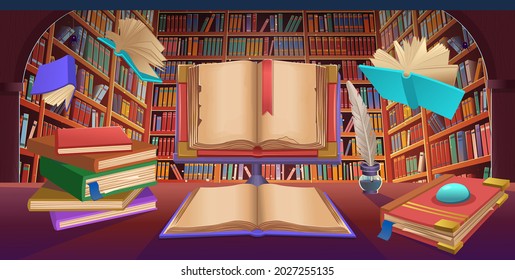  Library book shelves with flying books, stack of books, old open book,  cartoon vector illustration.