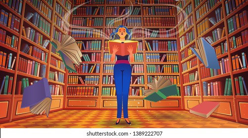 Library book shelves with a girl and flying books cartoon vector illustration.