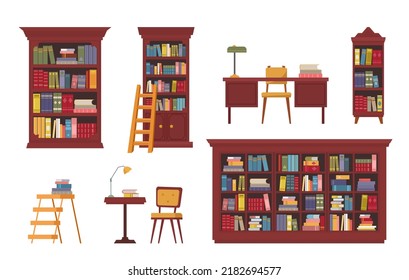 library. book shelves for library interiors symbols of knowledge wooden furniture for books novels. Vector literature concept cartoon set