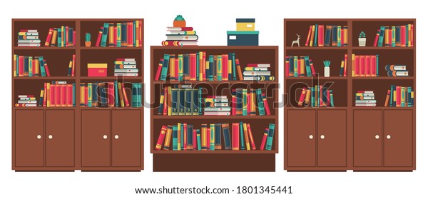 図書館の本棚の間 木の家具に積み重ねてある本 本棚 に並ぶさまざまな本 色鮮やかなカバー 学習 学習用の木戸棚 古典的な内装ベクターイラスト のベクター画像素材 ロイヤリティフリー