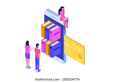 Library or Book Shop mobile online isometric concept. Micro people buying books. Vector illustration. 