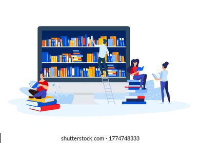 Library, book store and e-book. Vector illustrations of a man and a woman read books in front of the bookshelf. Concepts for graphic and web design, education, book store and library, e-book.