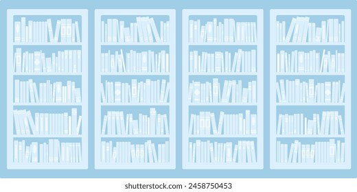 Library bookcases background. Interior of bookshop with bookshelves. Reading room in school, university, college. Modern cartoon vector illustration.