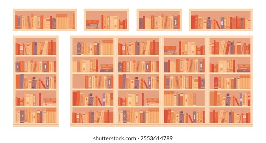 Library bookcases background. Interior of bookshop with bookshelves. Reading room in school, university, college. Colorful retro vintage cartoon vector illustration set.