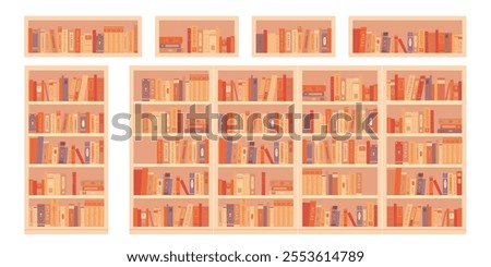 Library bookcases background. Interior of bookshop with bookshelves. Reading room in school, university, college. Colorful retro vintage cartoon vector illustration set.