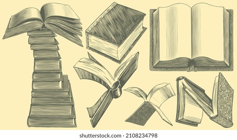 Library books. Design set. Editable hand drawn illustration. Vector vintage engraving. 8 EPS