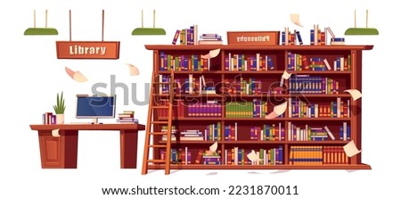 Library with books. Graphic elements for website. Education and learning, love of reading and literature. Interior and room design. Cartoon flat vector illustrations isolated on white background