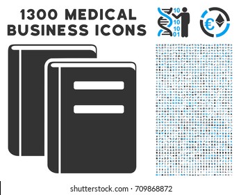 Library Books gray vector icon with 1300 medical business icons. Clipart style is flat bicolor light blue and gray pictograms.
