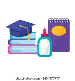 library books with hat graduation and set supplies