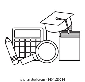 library books with hat graduation and set supplies