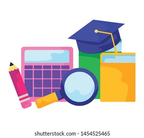 library books with hat graduation and set supplies