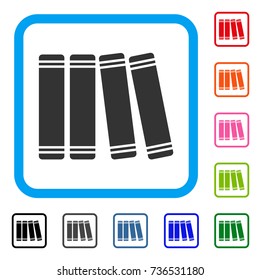Library Books icon. Flat gray iconic symbol inside a light blue rounded frame. Black, gray, green, blue, red, orange color additional versions of Library Books vector.