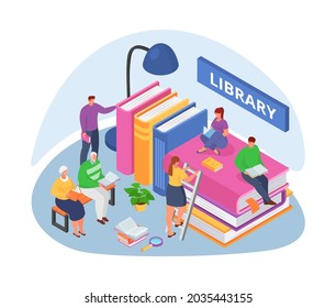 Library with books, isometric vector illustration. Man woman character read knowledge for university, study school education. Student person
