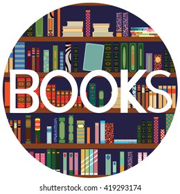 Library. Books and Knowledge. Vector flat illustration with text.