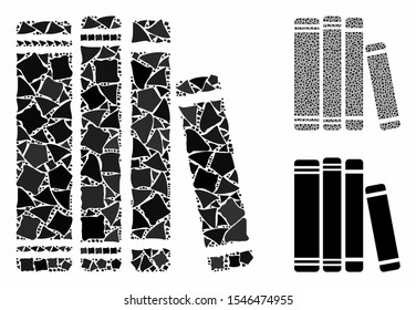 Library books mosaic of trembly items in various sizes and color hues, based on library books icon. Vector uneven items are grouped into collage. Library books icons collage with dotted pattern.
