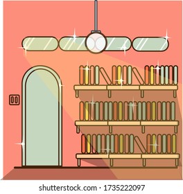 Library books on pink background and illustrations bookstore
