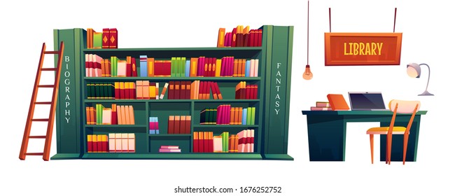 Library with books on shelves and laptop on table. Vector cartoon illustration of school, university or public library or store with bookcase, desk for study and lamp isolated on white background