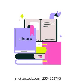 Library Books And Open Book In Flat Vector Illustration Symbolizing Education, Knowledge, And Learning, Isolated On White Background.