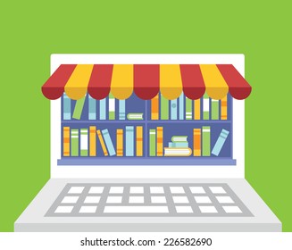 Library of books for read in laptop as business model. Flatstyle design - vector illustration