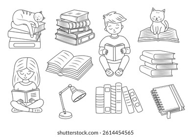 Library, books and reading doodle set. Perfect for coloring pages, library themes, or educational materials.