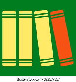 Library Books vector icon. Style is bicolor flat symbol, orange and yellow colors, rounded angles, green background.