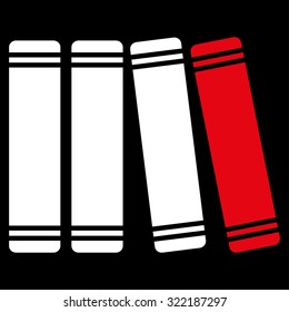 Library Books vector icon. Style is bicolor flat symbol, red and white colors, rounded angles, black background.