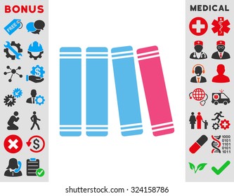 Library Books vector icon. Style is bicolor flat symbol, pink and blue colors, rounded angles, white background.