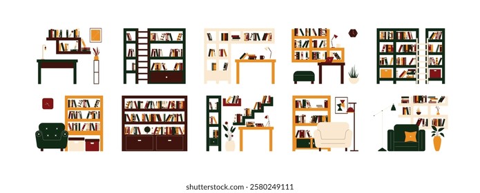 Library bookshelf for neatly arranging books, interior in vintage colors, vector illustration.