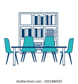 library with bookshelves and desk with chairs