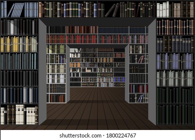 Library. Bookshelves with many different books. Vector illustration.