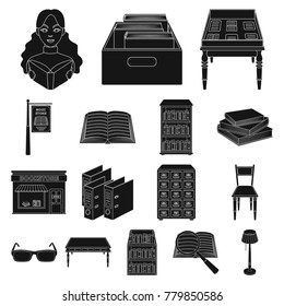 Library and bookstore black icons in set collection for design. Books and furnishings vector symbol stock web illustration.