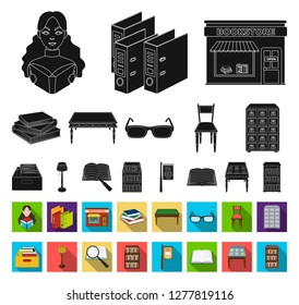 Library and bookstore black,flat icons in set collection for design. Books and furnishings vector symbol stock web illustration.