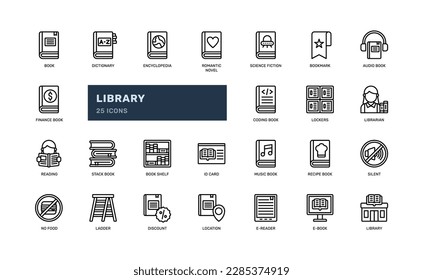 library or bookstore book for education school detailed outline line icon set