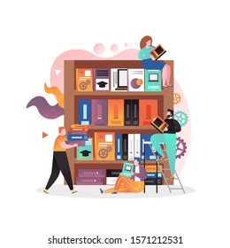 Library, bookstore with bookcase and books on shelves, male and female characters reading, choosing books, vector illustration. Education concept for web banner, website page etc.