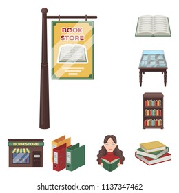 Library and bookstore cartoon icons in set collection for design. Books and furnishings vector symbol stock web illustration.
