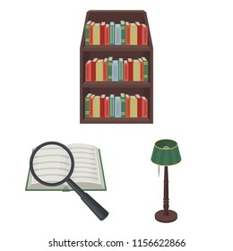 Library and bookstore cartoon icons in set collection for design. Books and furnishings vector symbol stock web illustration.
