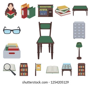 Library and bookstore cartoon icons in set collection for design. Books and furnishings vector symbol stock web illustration.