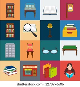 Library and bookstore cartoon icons in set collection for design. Books and furnishings vector symbol stock web illustration.