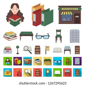 Library and bookstore cartoon,flat icons in set collection for design. Books and furnishings vector symbol stock web illustration.