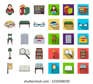 Library and bookstore cartoon,flat icons in set collection for design. Books and furnishings vector symbol stock web illustration.