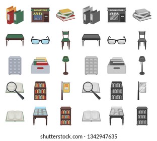 Library and bookstore cartoon,mono icons in set collection for design. Books and furnishings vector symbol stock web illustration.