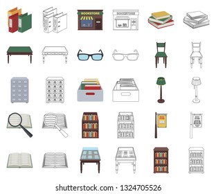 Library and bookstore cartoon,outline icons in set collection for design. Books and furnishings vector symbol stock web illustration.