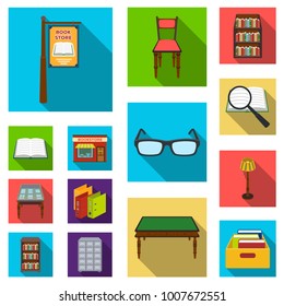 Library and bookstore flat icons in set collection for design. Books and furnishings vector symbol stock web illustration.