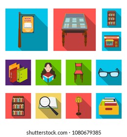 Library and bookstore flat icons in set collection for design. Books and furnishings vector symbol stock web illustration.